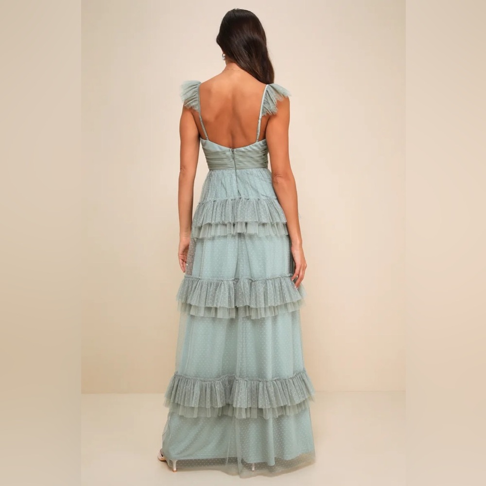 Lulus - Pure Radiance Sage Brush Mesh Swiss Dot Tiered Maxi Dress Green - S - Picture 5 of 13